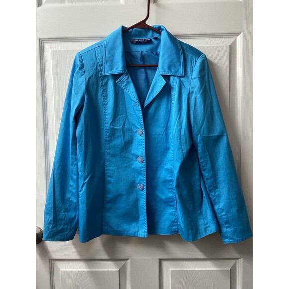 Susan Graver Style Blazer Coat Jacket Women Medium Teal Blue Notched Collar - Picture 2 of 11